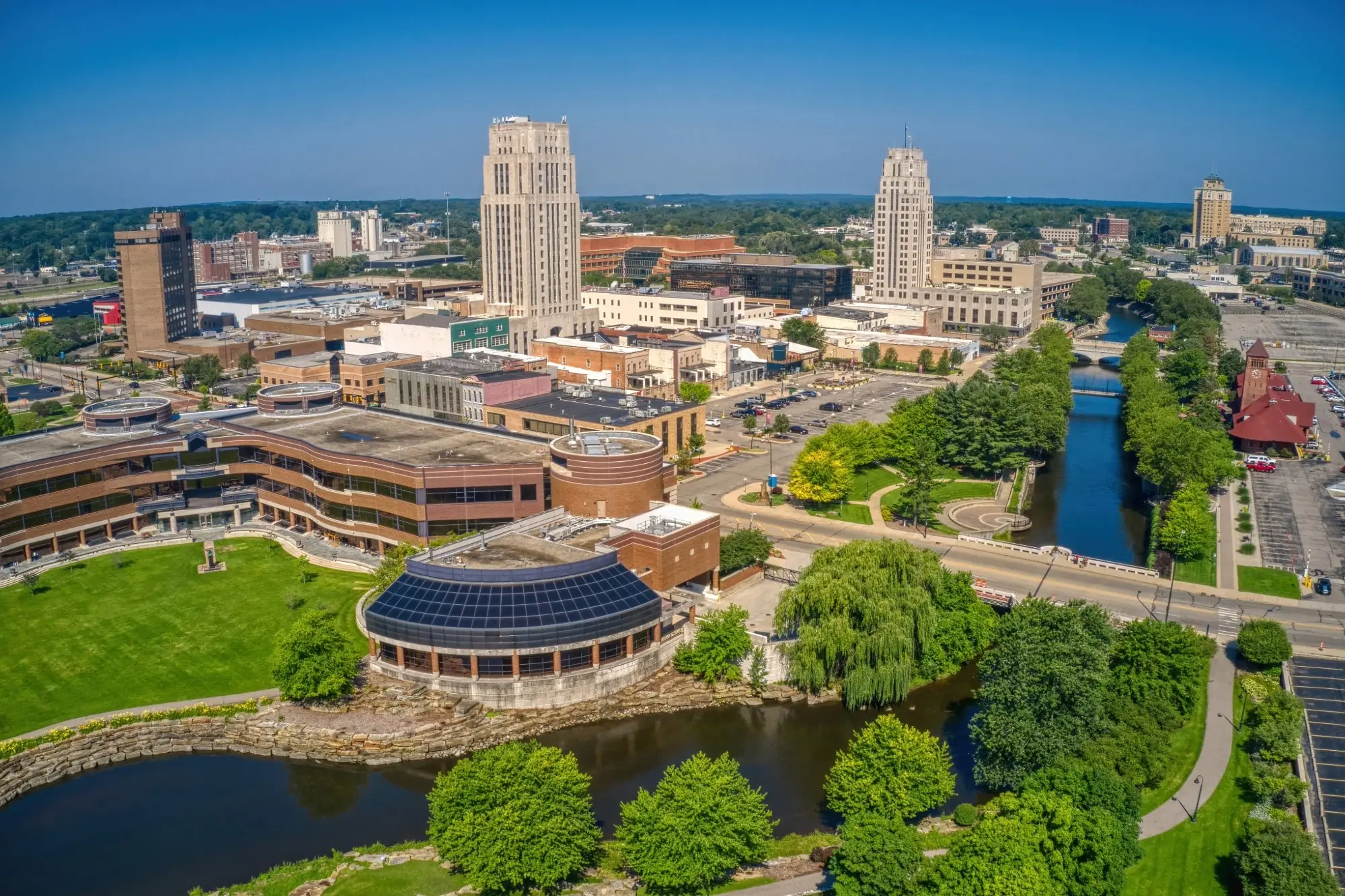 Aerial view of downtown Battle Creek, Michigan, served by trusted Eric Dale Heating & Air Conditioning experts providing reliable heating, cooling, and indoor air quality solutions